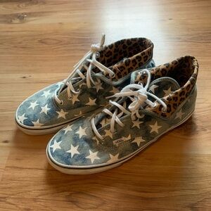 Vans high top lace up denim with stars and cheetah print interior.